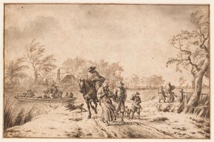 Herfstlandschap met reizigers en veerpont door Adriaen van de Velde