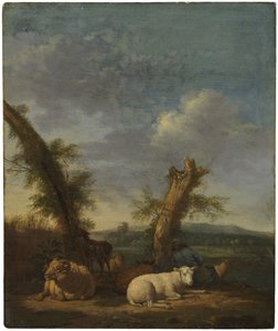 Landschap met schapen en een slapende herder door Adriaen van de Velde
