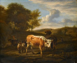 Bergachtig landschap met koeien door Adriaen van de Velde