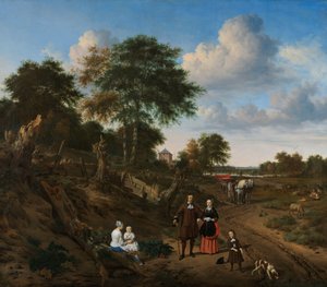 Portret van een echtpaar met twee kinderen en een verpleegster in een landschap