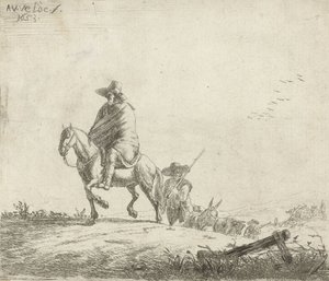 Ruiter en veedrijver met vee op een zandweg, 1653