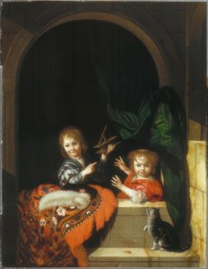 Twee kinderen met een muizenval door Adriaen van der Werff