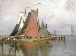 Vissersboten verlaten de Zuyderzee Haven, 1899