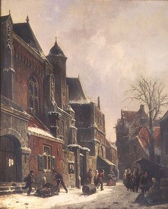 Een Nederlandse straatscène met figuren bij een kerk