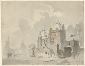 Gezicht op een gefantaseerd(?) kasteel nabij een stad door Adrianus Eversen
