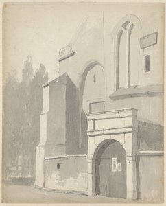 Gezicht op een ingangspoortje van een kerk door Adrianus Eversen