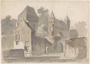 Gezicht op een stadspoort door Adrianus Eversen