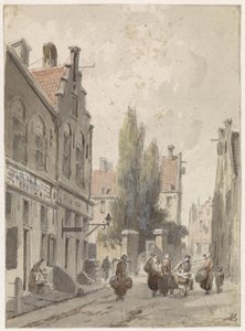 Stadsgezicht met een marskramer