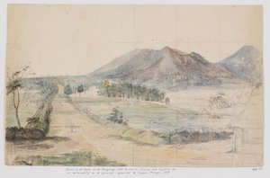 Gezicht op de vulkanen Gedé en Pangrango, weg Cianjur-Cipanas en buitenverblijf van de gouverneur-generaal te Cipanas, Priangan, West-Java