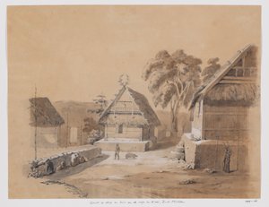 Gezicht op dorp en huis van de raja van Kisar, Zuid-Molukken door Adrianus Johannes Bik