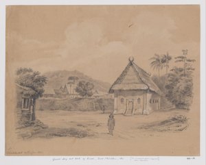 Gezicht op dorp met kerk op Kisar, Zuid-Molukken