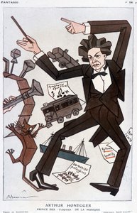 Cartoon door Arthur Honegger Prince of the Fauves of Music, Zwitserse componist (1892-1955) - door Barrère, in Fantasio van 01/01/1930 door Adrien Barrere