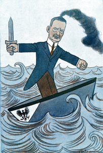 Cartoon door Wilhelm Cuno (1876-1933) Duitse politicus verantwoordelijk voor maritieme zaken. Tekening door Adrien Barrère (1877-1931) uit Fantasio door Adrien Barrere