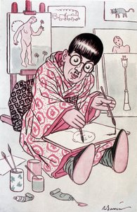 Cartoon van Tsuguharu Fujita, gedoopt Leonard Foujita, Franse schilder van Japanse afkomst (1886-1968). Tekening door Barrere in Fantasio, op 01/04/1927.