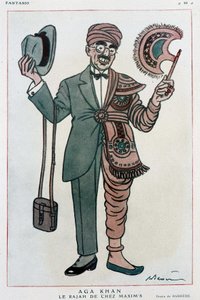 Komische tekening door Barrere over Muhammad Chah Agha Khan III door Adrien Barrere