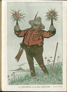 Illustratie van A Barrere (1874-1931) in Fantasio, 01/06/15 - Mr. Salandra of de Goede Tuinman - Oorlog van 14-18, Italië, Wijn, Neutraliteit, Bloemen, Vulkanische uitbarstingen, Voorzitter van de Raad, Triëst - Salandra Antonio door Adrien Barrere