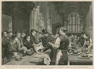 Voedseluitdeling aan de armen in Guildhall na het banket van de Lord Mayor (gravure) door Adrien Emmanuel Marie