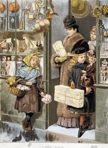 Arm meisje dat kleine boeketten verkoopt bij de uitgang van een speelgoedwinkel waar rijke mensen uitkomen (kerstinkopen?) - tekening door Adrien Marie door Adrien Emmanuel Marie