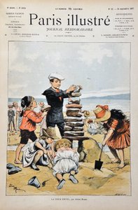 De Eiffeltoren. Een groep kinderen speelt op een strand en maakt een replica van de Eiffeltoren met stenen en zand. Illustratie door Adrien Marie (1848-1891). Gravure uit 1887 in "Paris-Illustrous journal weekly".