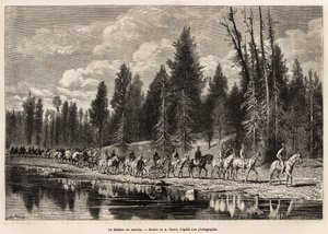 De hele geografische missie, op weg naar Mount Hayden, langs de Henri River, gegraveerd naar de tekening van A.Marie, ter illustratie van een reeks geografische missies door het National Park van de Verenigde Staten, van 1870 tot 1872, door de heren Hayden door Adrien Emmanuel Marie
