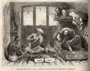 Het interieur van een slaapwagon van de Oost-Indische Spoorweg, op de route naar Azimgange, in een groot compartiment, een verwijderbare slaapplaats en een wasruimte, evenals het personeel van de wagon die het comfort van de passagiers bewaakt, beschikbaar door Adrien Emmanuel Marie