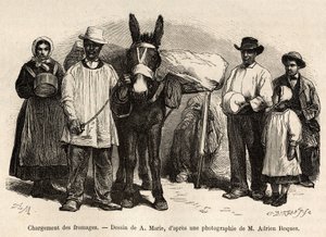 Het laden van kazen op de rug van een muilezel, naar de kelders van Roquefort, gravure naar een tekening van A.Marie, ter illustratie van een reis naar Roquefort en omgeving, door Adrien Roques en Jules Charton, 1874, gepubliceerd in 