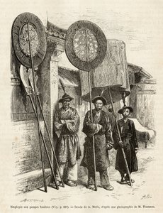 Drie begrafeniswerkers in Peking. Gravure naar de tekening van A. Marie, ter illustratie van de reis naar Peking en Noord-China, door T. Choutze, in 1873, gepubliceerd in 