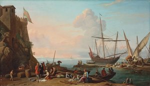 Een mediterrane haven met sjouwers die hun schepen lossen, figuren die vis verkopen op de voorgrond bij een fort