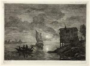 Haven Scène bij Maanlicht met Veerboot door Adrien Manglard