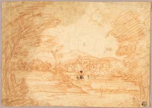 Rivierlandschap met gebouwen door Adrien Manglard