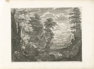 Waterval met een stad op de achtergrond door Aegidius Sadeler (II) (attributed to)