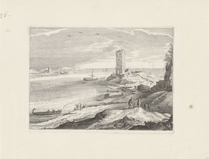 Zeegezicht met de ruïne van een toren
