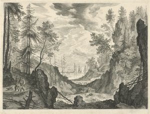 Boslandschap met een waterval door Egidius  Sadeler (II)
