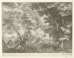 Boslandschap met houten brug door Egidius  Sadeler (II)