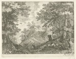 Boslandschap met twee jagers en een hond door Egidius  Sadeler (II)