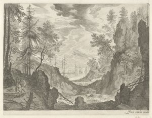 Boslandschap met waterval (Berglandschappen uit Tirol) door Egidius  Sadeler (II)