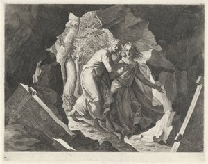 Dante en Vergilius betreden de hel door een poort door Egidius  Sadeler (II)