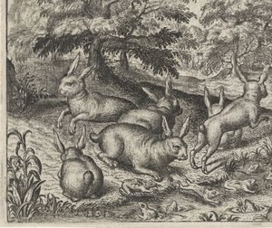 Fabel van de hazen en de kikkers door Egidius  Sadeler (II)
