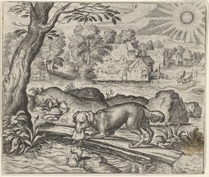 Fabel van de hond en zijn spiegelbeeld door Egidius  Sadeler (II)