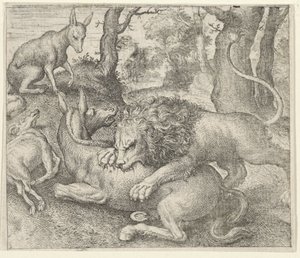Fabel van de leeuw en de vos door Egidius  Sadeler (II)