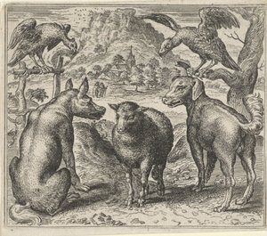 Fabel van de wolf en zijn rechtszaak tegen het schaap door Egidius  Sadeler (II)