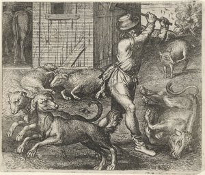 Fabel van een boer en zijn honden door Egidius  Sadeler (II)