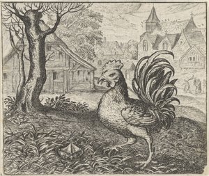 Fabel van de haan en de diamant door Egidius  Sadeler (II)
