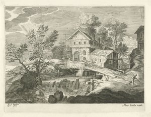 Herberg en enkele huizen bij een brug door Egidius  Sadeler (II)