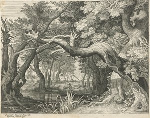 Hertenjacht bij een bosmeer door Egidius  Sadeler (II)