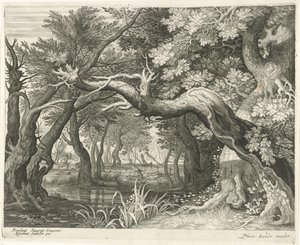 Hertenjacht bij een bosmeer door Egidius  Sadeler (II)