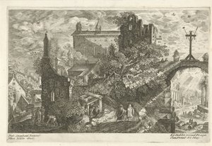 Houten kruis aan oude stadspoort door Egidius  Sadeler (II)