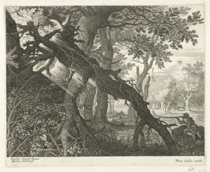Konijnenjacht in een boslandschap door Egidius  Sadeler (II)