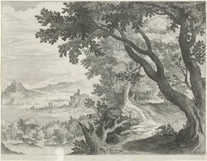 Landschap met twee figuren onder een boom