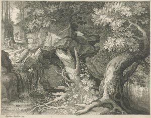 Reizigers boven een waterval door Egidius  Sadeler (II)